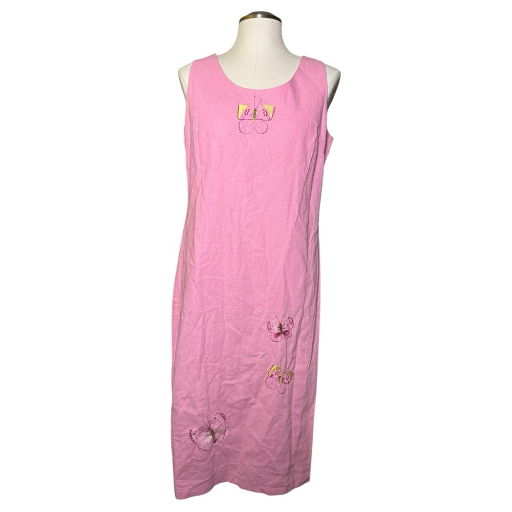 A.K.C. Embroidered Pink Butterfly Vintage Linen Fall Dress